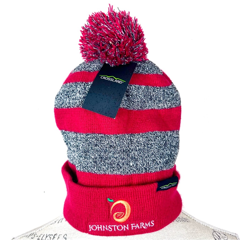 Crossland Red and Gray Striped Pom-Pom Beanie Hat Beanie NWT Unisex any age soft